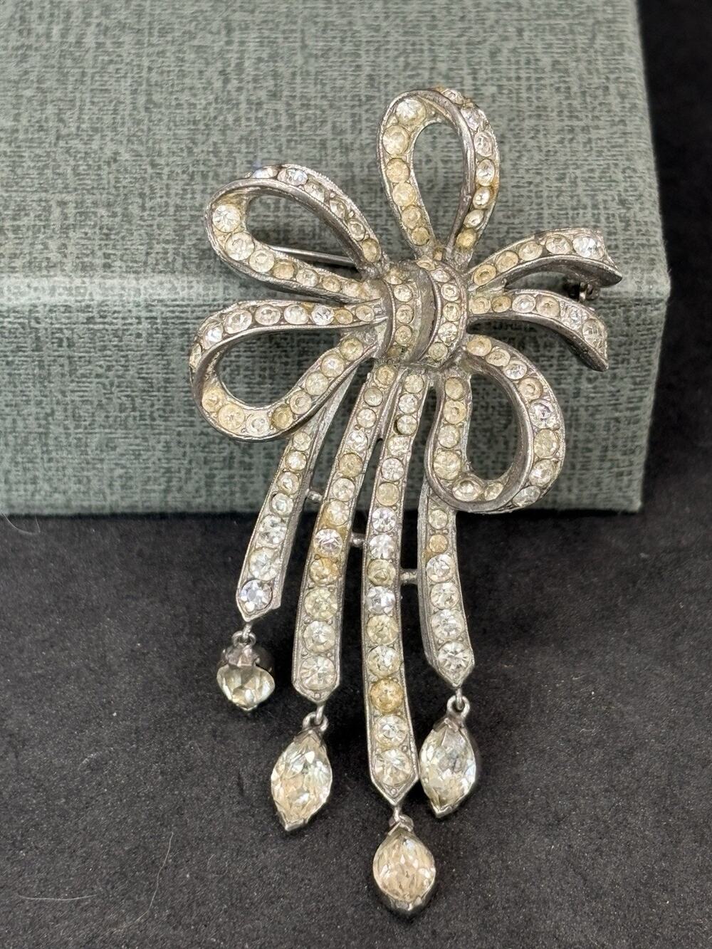 Vintage Early Crown Trifari Sterling White Rhinestone Ribbon Dangle Bow Brooch